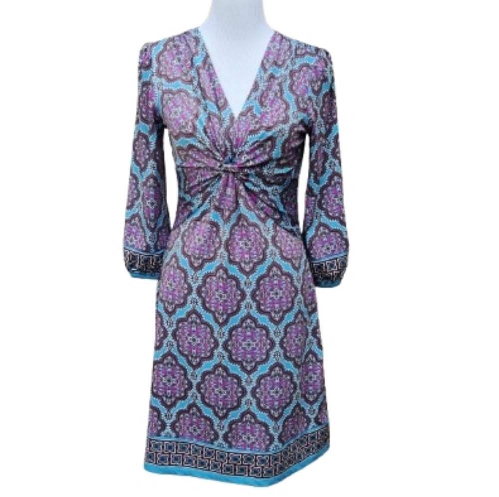 ICE Geo-Print Multicolor Dress Stretch Purple Blue V-Neck 3/4 Sleeves